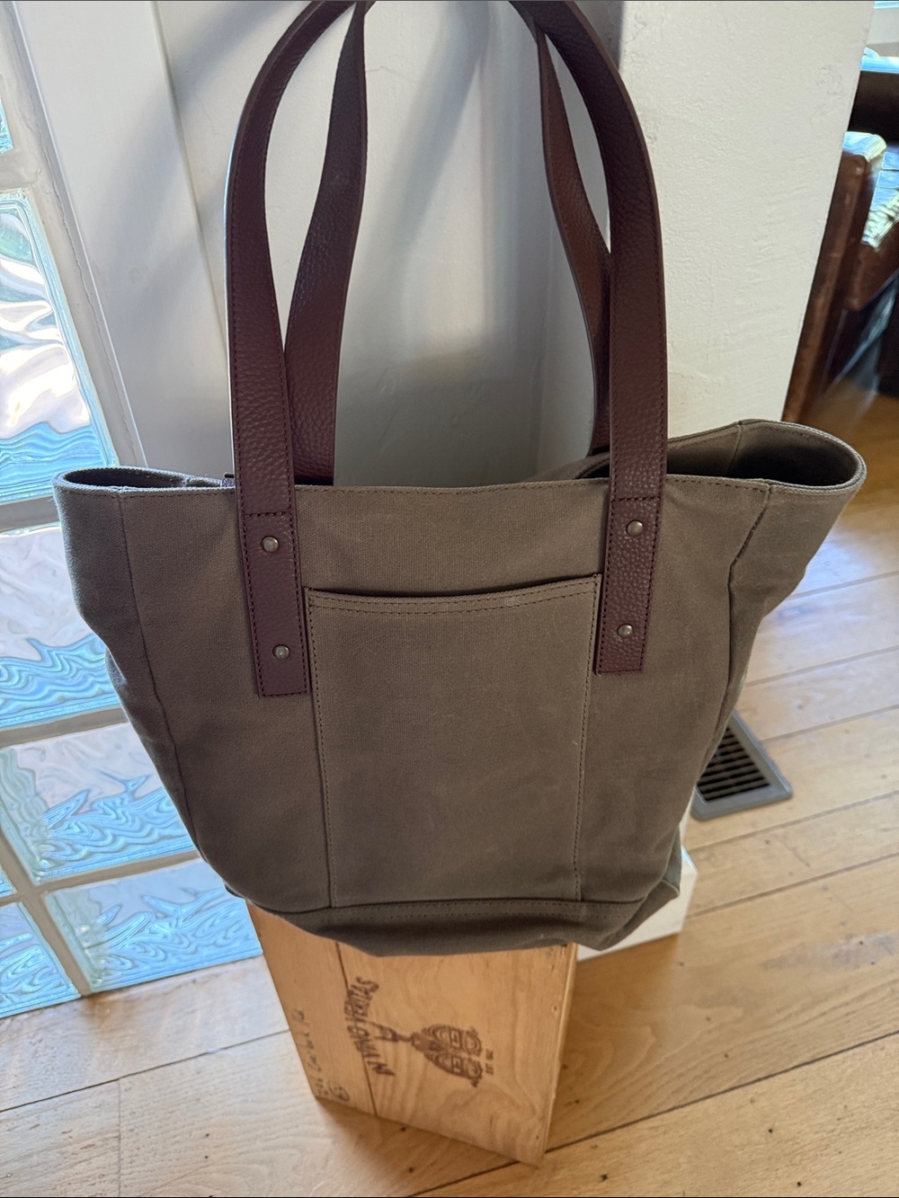 Quince Canvas Tote Bag with Brown Leather Handles - Olive - Picture 3 of 7